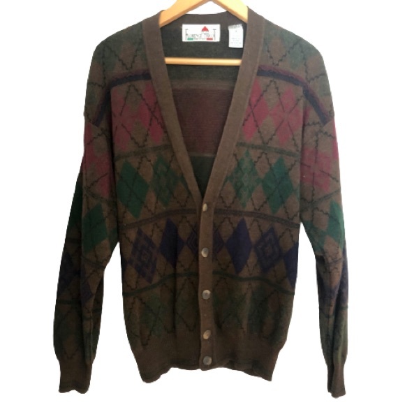 Vtg Italian Brown Argyle Wool Blend V-Neck Cardigan Grandpa Menswear Sweater - Picture 8 of 15